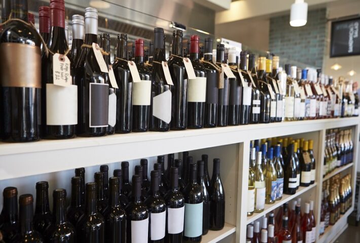 Bottle of wines on wine rack liquor store